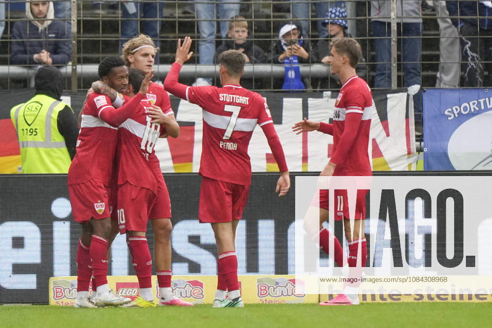 Hänsch Arena, Meppen, GER, 3. Liga, Matchday 9: SV Meppen vs. VfB Stuttgart II, Jarzinho Malanga of VfB Stuttgart II (No. 27) celebrates after scoring the 0–1 goal. DFL REGULATIONS PROHIBIT ANY USE OF PHOTOGRAPHS AS IMAGE SEQUENCES AND OR QUASI-VIDEO. Meppen, Lower Saxony, Hänsch Arena