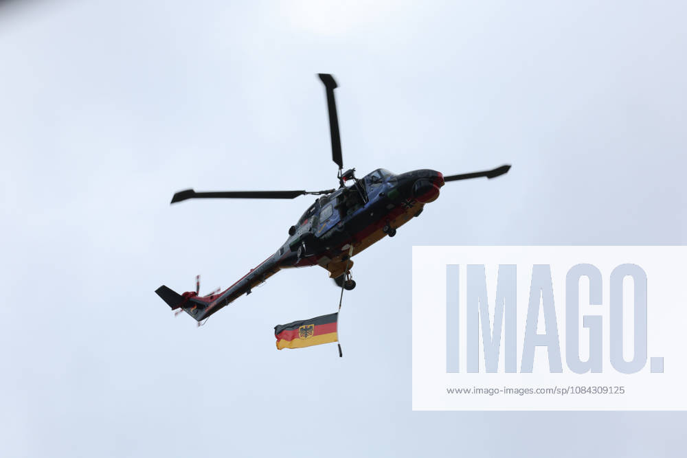 Hockenheim, Germany, October 9–11, 2026; DTM 2026 Season Finale at the Hockenheimring; Saturday, Race 1; Pictured: German Armed Forces Air Force helicopter flying the German flag at the Hockenheimring in Baden-Württemberg