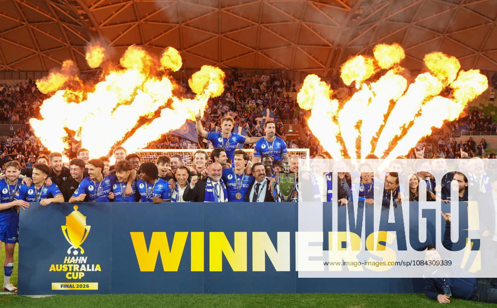 AUSTRALIA CUP SOUTH MELBOURNE VICTORY, South Melbourne celebrate with the trophy after winning the Australia Cup final match between South Melbourne FC and Melbourne Victory FC at AAMI Park in Melbourne, Saturday, October 10, 2026. ( NO ARCHIVING, MELBOURNE VICTORIA Australia