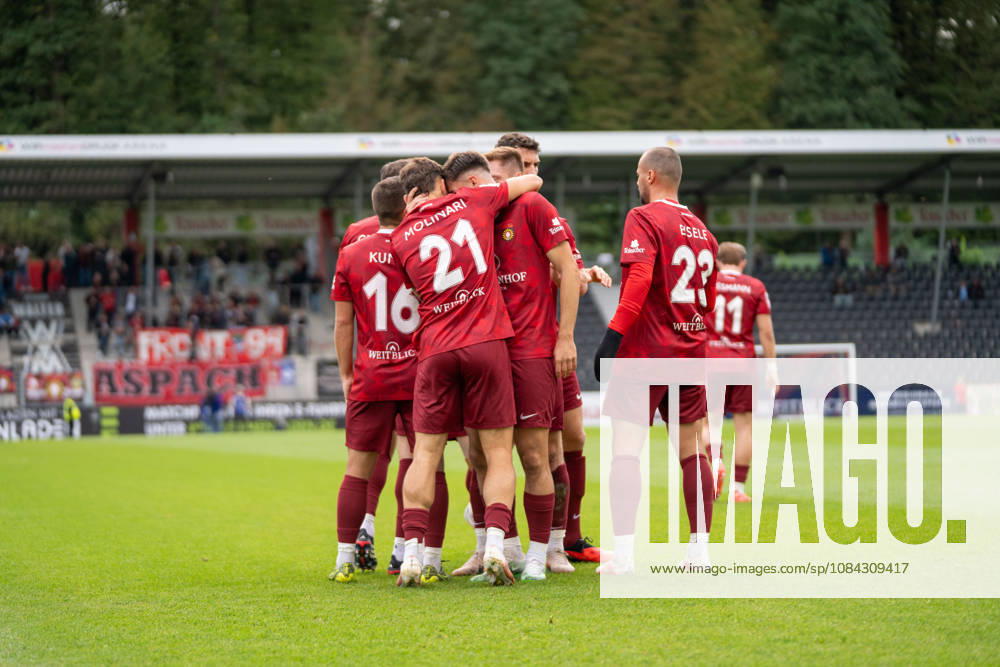 Antonis Aidonis (SG Sonnenhof Großaspach, 15) celebrates with goal scorer Luca Molinari (SG Sonnenhof Großaspach, 21) after his goal to make it 1–0, SG Sonnenhof Großaspach vs. SV Waldhof Mannheim, soccer, 3rd Division, Matchday 8, October 10, 2026; DFB regulations prohibit any use of photographs as image sequences and or quasi-video. Aspach, Baden-Württemberg, Germany