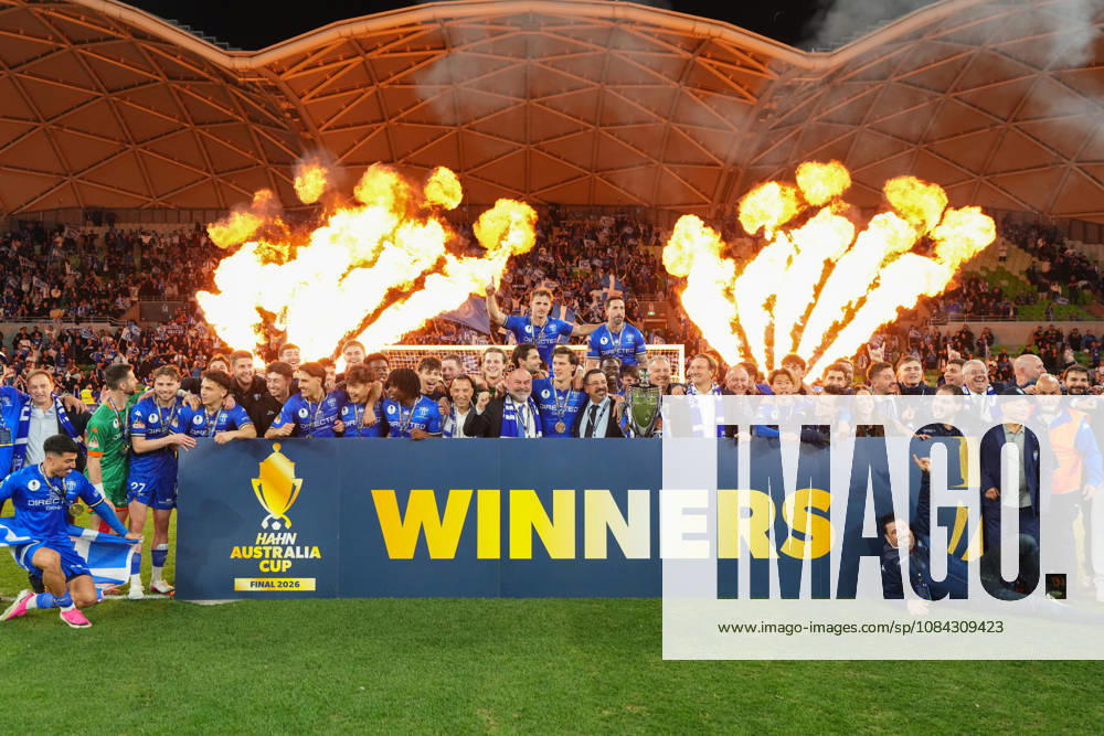 AUSTRALIA CUP SOUTH MELBOURNE VICTORY, South Melbourne celebrate with the trophy after winning the Australia Cup final match between South Melbourne FC and Melbourne Victory FC at AAMI Park in Melbourne, Saturday, October 10, 2026. ( NO ARCHIVING, MELBOURNE VICTORIA Australia