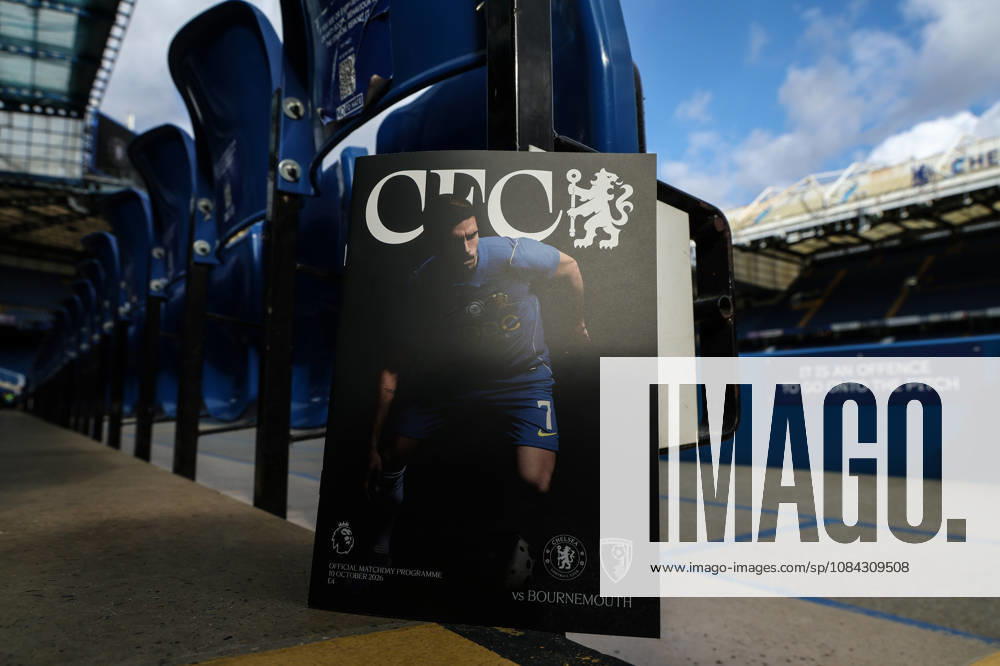 10th October 2026; Stamford Bridge, London, England; Premier League Football, Chelsea versus Bournemouth; Chelsea match programme featuring challenge Pedro Neto of Chelsea JohnxPatrickxFletcher