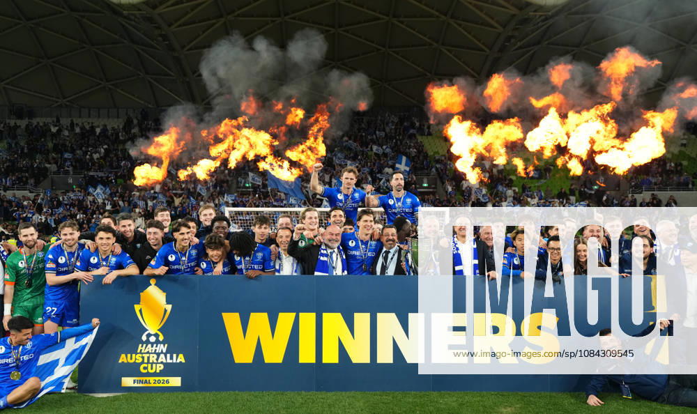 AUSTRALIA CUP SOUTH MELBOURNE VICTORY, South Melbourne celebrate with the trophy after winning the Australia Cup final match between South Melbourne FC and Melbourne Victory FC at AAMI Park in Melbourne, Saturday, October 10, 2026. ( NO ARCHIVING, MELBOURNE VICTORIA Australia