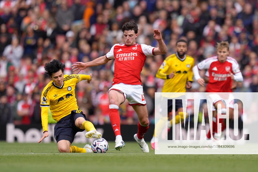 10th October 2026; Emirates Stadium, London, England; Premier League Football, Arsenal versus Leeds United; Declan Rice of Arsenal is challenged by Ao Tanaka of Leeds United TomxMajor