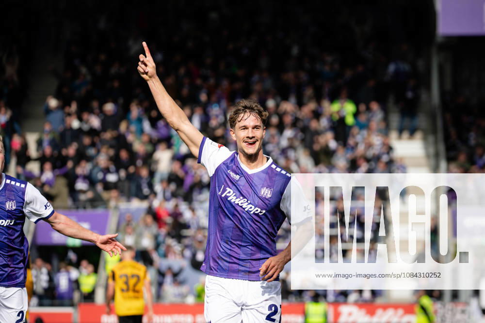 Goal celebration for the 1-1 equalizer by Robin Fabinski, 27, Osnabrück, VfL Osnabrück vs. SG Dynamo Dresden, soccer, 2. Bundesliga, Matchday 7, October 10, 2026. DFL regulations prohibit any use of photographs as image sequences and or quasi-video. Osnabrück, Lower Saxony, Germany