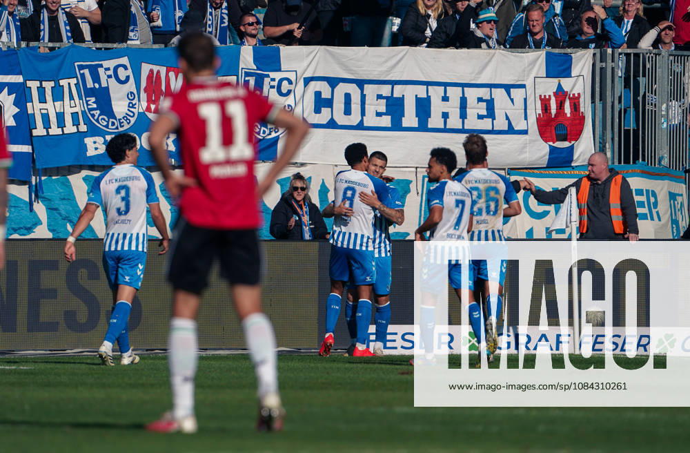 Germany Soccer 2. Bundesliga 2026–2027, Matchday 7: 1. FC Magdeburg vs. Hannover 96 at Avnet Arena Magdeburg—Goals and goal celebrations: Mateusz Zukowski (1. FC Magdeburg), Herbert Bockhorn (1. FC Magdeburg), 7