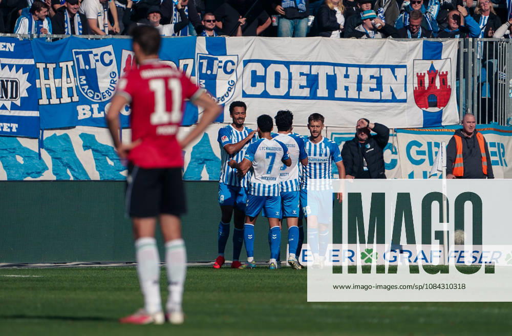 Germany Soccer 2. Bundesliga 2026–2027, Matchday 7: 1. FC Magdeburg vs. Hannover 96 at Avnet Arena Magdeburg—Goals and goal celebrations: Mateusz Zukowski (1. FC Magdeburg), Herbert Bockhorn (1. FC Magdeburg), 7