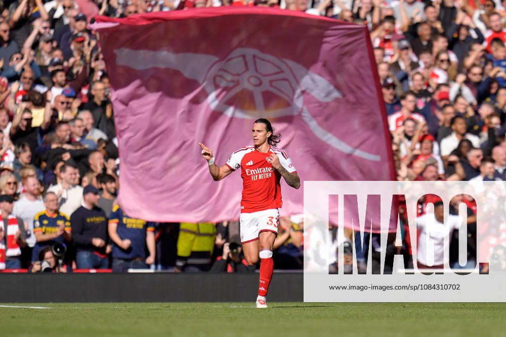 10th October 2026; Emirates Stadium, London, England; Premier League Football, Arsenal versus Leeds United; Riccardo Calafiori of Arsenal celebrates after scoring the equaliser to make it 1-1 in the 62nd minute TomxMajor