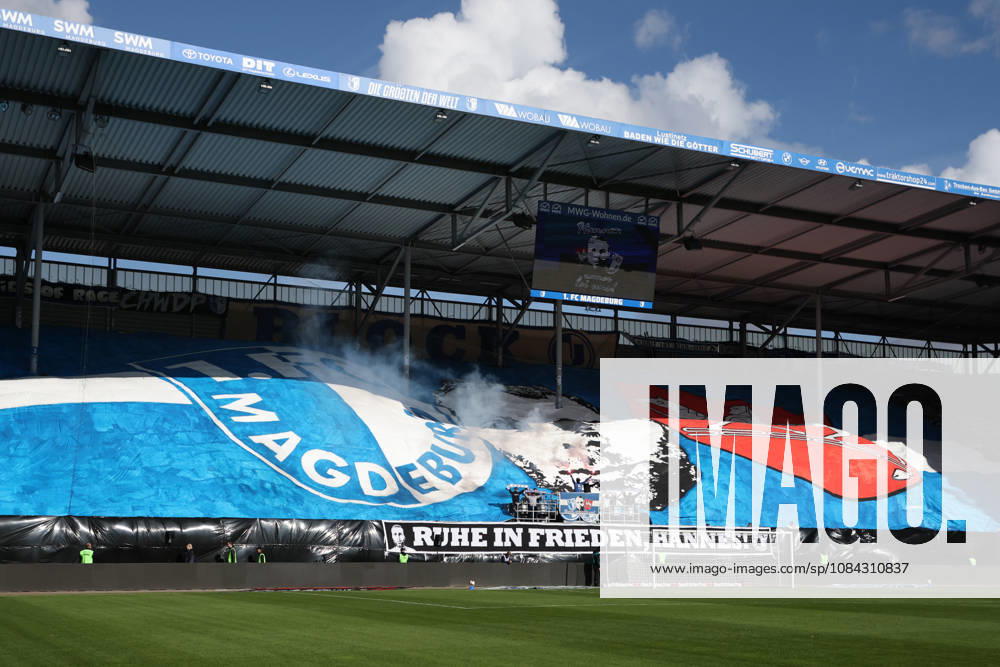 Choreographed display in the 1. FC Magdeburg fan section in memory of the late FCM fan Hannes at the start of the match on Matchday 2 of the 2026–2027 Bundesliga season: 1. FC Magdeburg vs. Hannover 96 at the Avnet Arena in Magdeburg. Soccer, Man,Men, Germany