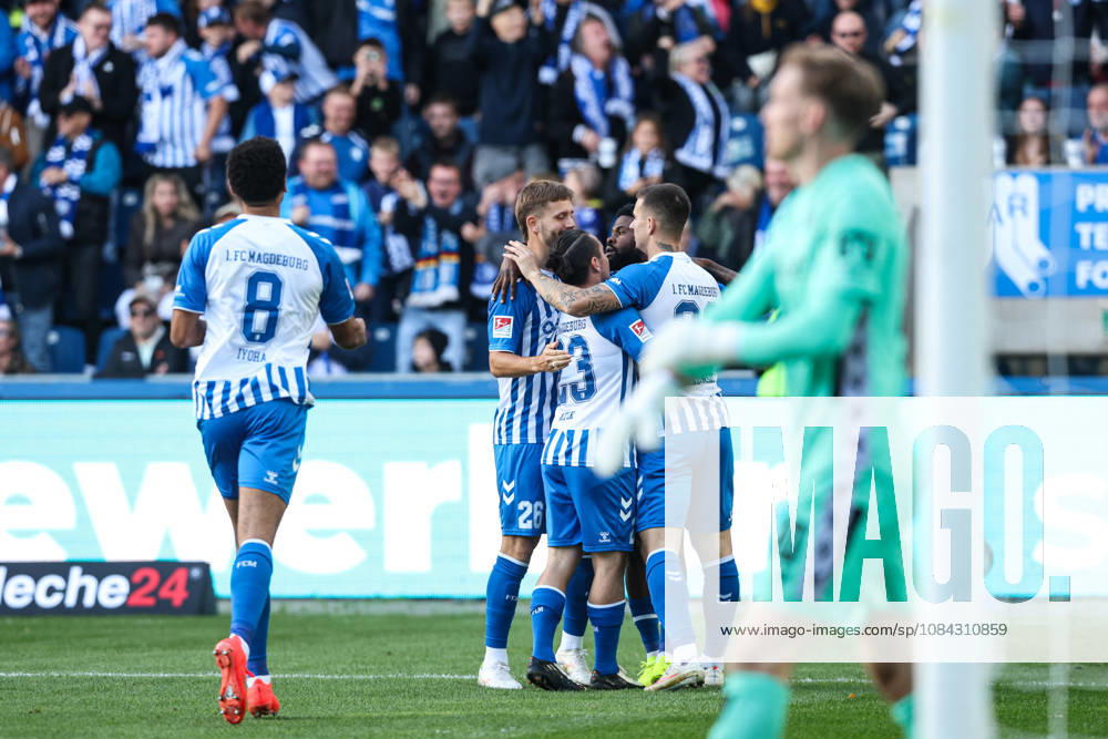 Goal celebration: Goal scorer Moritz Broni Kwarteng of 1. FC Magdeburg scores the 1-0 goal in the 2026-2027 Bundesliga season match between 1. FC Magdeburg and Hannover 96 at the Avnet Arena in Magdeburg. Action, soccer, man,Men, Germany