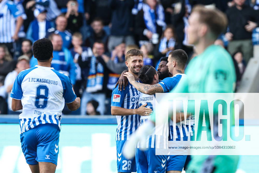 Goal celebration: Goal scorer Moritz Broni Kwarteng of 1. FC Magdeburg scores the 1-0 goal in the 2026-2027 Bundesliga season match between 1. FC Magdeburg and Hannover 96 at the Avnet Arena in Magdeburg. Action, soccer, man,Men, Germany