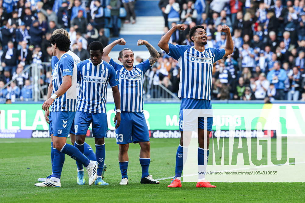 Goal celebration: Scorer Emmanuel Iyoha (1 FC Magdeburg, 8) scores to make it 2–0 with Baris Atik (1 FC Magdeburg,23 2 Bundesliga Season 2026–2027: 1 FC Magdeburg vs. Hannover 96 at the Avnet Arena in Magdeburg; Action, Soccer, Man, Men, Germany