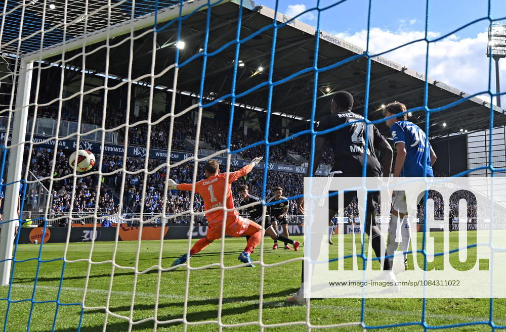 Soccer 2. Bundesliga, SV Darmstadt 98 vs. Energie Cottbus; Noah Weißhaupt of SV Darmstadt 98 scores the goal to tie the game at 1–1 against Marcel Lotka of Energie Cottbus. DFL and DFB regulations prohibit any use of photographs as image sequences and or quasi-video. Darmstadt
