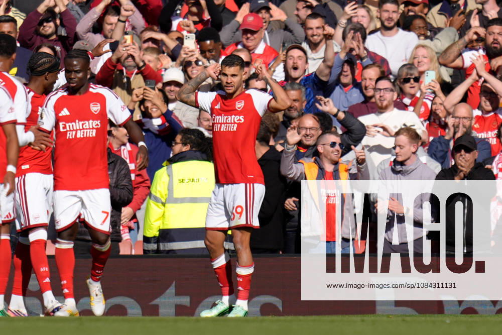 10th October 2026; Emirates Stadium, London, England; Premier League Football, Arsenal versus Leeds United; Bruno Guimaraes of Arsenal celebrates point to the back of his shirt after scoring to make it 2-1 in the 70th minute TomxMajor