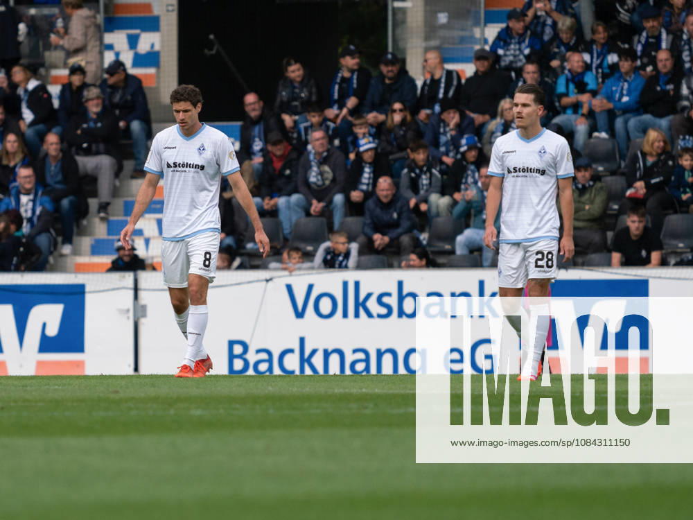 Maximilian Thalhammer (SV Waldhof Mannheim, 08) and Diego Michel (SV Waldhof Mannheim, 28) were disappointed after a 0-1 loss to Luca Molinari (SG Sonnenhof Grossaspach, 21, GER), Soccer, SG Sonnenhof Grossaspach vs. SV Waldhof Mannheim, 3rd Division, Matchday 8, Aspach, 2026–2027 season, October 10, 2026 GER, Soccer, SG Sonnenhof Grossaspach vs. SV Waldhof Mannheim, 3rd Division, Matchday 8, Aspach, 2026–2027 season, October 10, 2026 Aspach