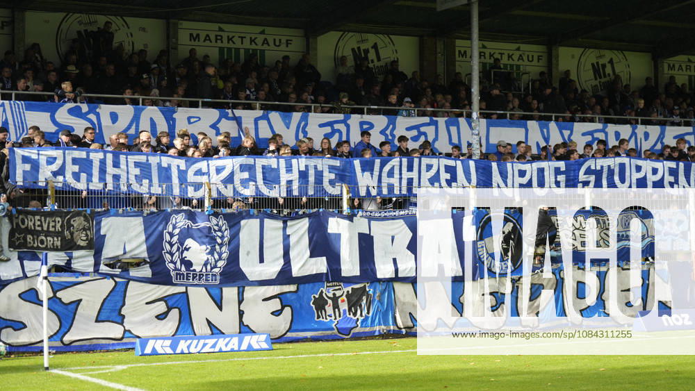Hänsch Arena, Meppen, GER, 3rd Division, Matchday 9: SV Meppen vs. VfB Stuttgart II, SVM fans with a banner reading Protect Civil Liberties, Stop the NPOG. DFL regulations prohibit any use of photographs as image sequences and or quasi-video. Meppen, Lower Saxony, Hänsch Arena