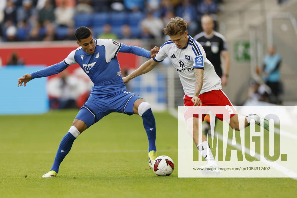 From left to right: Adam Daghim of TSG Hoffenheim and David Moller Wolfe of HSV, in the Bundesliga match between TSG 1899 Hoffenheim and Hamburger SV at the PreZero Arena, Sinsheim, Germany, on October 10, 2026, in action during the Bundesliga match between TSG 1899 Hoffenheim and Hamburger SV at the PreZero Arena, Sinsheim, Germany, on October 10, 2026. DFB and DFL regulations prohibit any use of photographs as image sequences and or quasi-video,