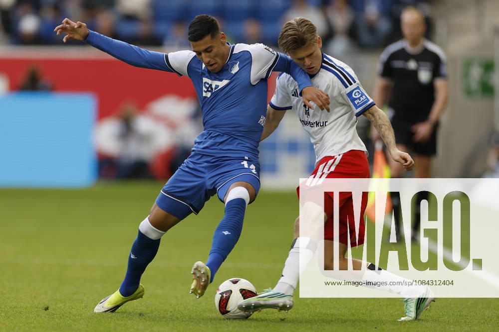 From left to right: Adam Daghim of TSG Hoffenheim and David Moller Wolfe of HSV, in the Bundesliga match between TSG 1899 Hoffenheim and Hamburger SV at the PreZero Arena, Sinsheim, Germany, on October 10, 2026, in action during the Bundesliga match between TSG 1899 Hoffenheim and Hamburger SV at the PreZero Arena, Sinsheim, Germany, on October 10, 2026. DFB and DFL regulations prohibit any use of photographs as image sequences and or quasi-video,