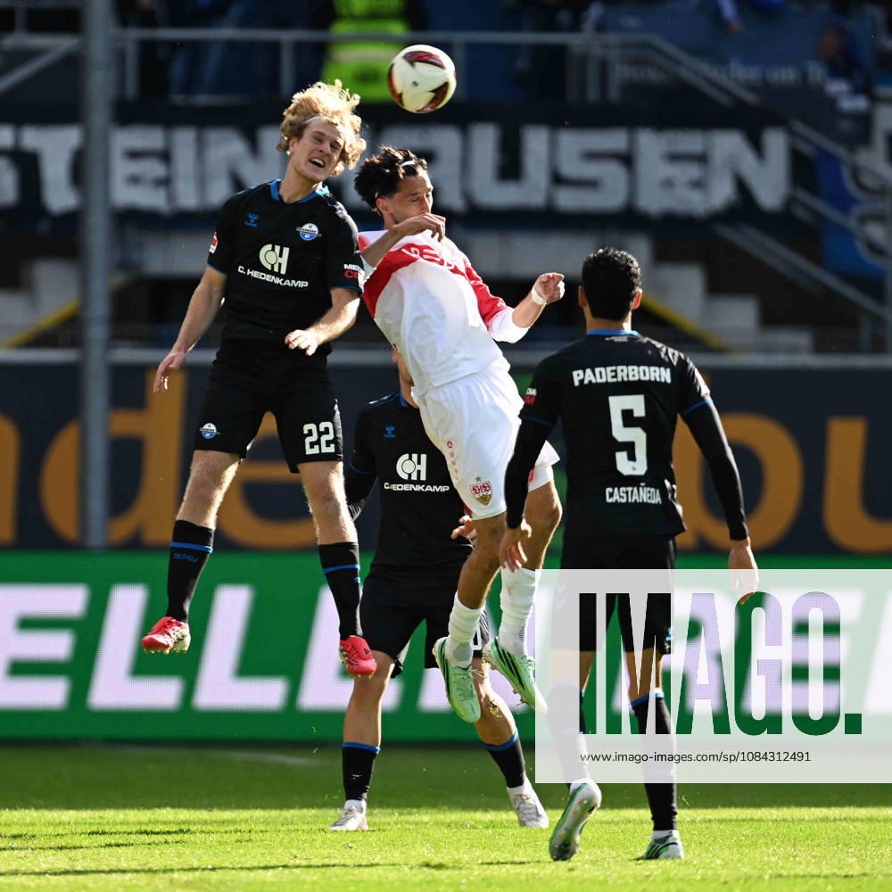 Paderborn, Home Deluxe Arena, October 10, 2026, GER, Men s, Bundesliga 1, 2026–2027 Season, SC Paderborn 07 vs. VfB Stuttgart; photo from left: Mattes HANSEN (Paderborn) and Atakan KARAZOR (Stuttgart) in a header duel; header duel. DFL regulations prohibit any use of photographs as image sequences and or quasi-video. North Rhine-Westphalia, Germany