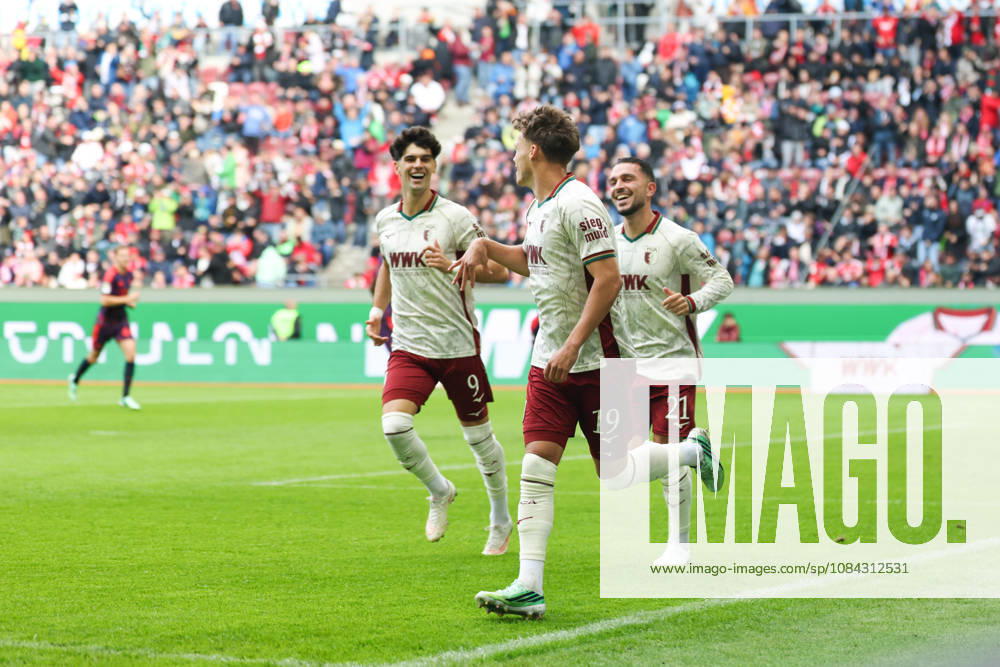 Celebration of the 1-0 goal by Robin Fellhauer (FC Augsburg, 19) with Arijon Ibrahimovic (FC Augsburg, 21) and Rodrigo Ribeiro (FC Augsburg, 09, GER, FC Augsburg vs. FC Bayern Munich, Soccer, Bundesliga, Matchday 5, 2026–2027 Season, October 10, 2026, DFL and DFB regulations prohibit any use of photographs as image sequences and or quasi-video, GER, FC Augsburg vs. FC Bayern Munich, soccer, Bundesliga, Matchday 5, 2026–2027 season, October 10, 2026, Augsburg