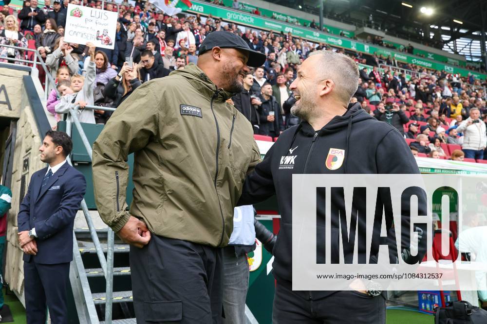 Head Coach Vincent Kompany of FC Bayern Munich greets Head Coach Manuel Baum of FC Augsburg; FC Augsburg vs. FC Bayern Munich, Soccer, 1. Bundesliga, Matchday 5, October 10, 2026. DFB and DFL regulations prohibit any use of photographs as image sequences and or quasi-video. Augsburg, Bayern, Germany
