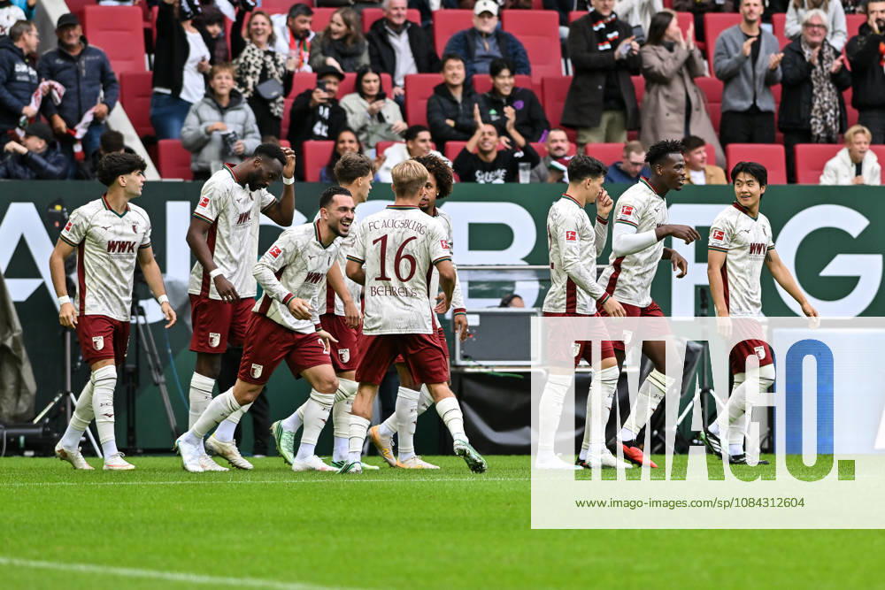 AUGSBURG, GERMANY; 10. OCTOBER: FCA celebrating the goal makes 1-0 by Robin FELLHAUER (FC Augsburg 19) Tor Torschuetze Freude Happy during the Bundesliga Match between FC Augsburg vs. FC Bayern Munich at Matchday 5 at WWK-Arena DFL REGULATIONS PROHIBIT ANY USE OF PHOTOGRAPHS AS IMAGE SEQUENCES AND OR QUASI-VIDEO