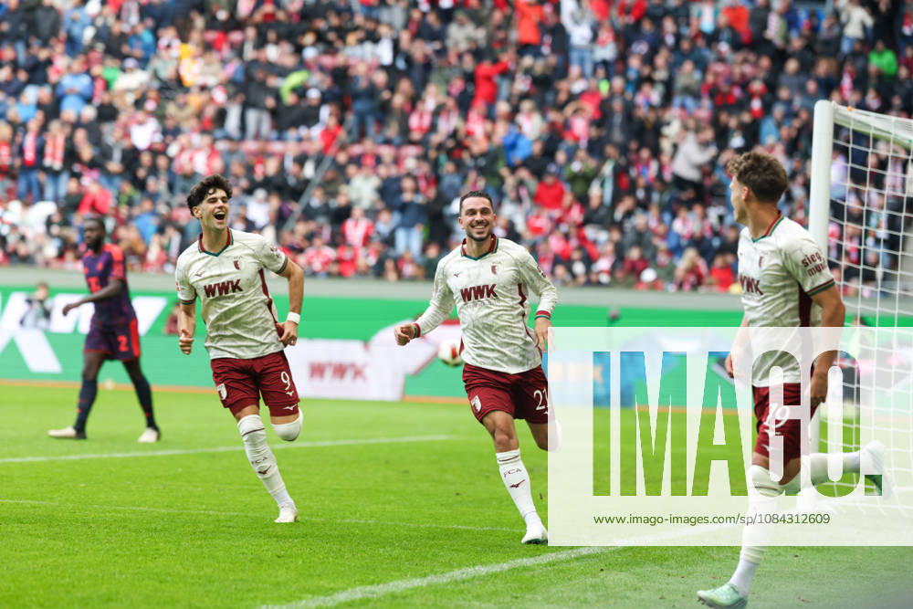 Celebration of the 1-0 goal by Robin Fellhauer (FC Augsburg, 19) with Arijon Ibrahimovic (FC Augsburg, 21) and Rodrigo Ribeiro (FC Augsburg, 09, GER, FC Augsburg vs. FC Bayern Munich, Soccer, Bundesliga, Matchday 5, 2026–2027 Season, October 10, 2026, DFL and DFB regulations prohibit any use of photographs as image sequences and or quasi-video, GER, FC Augsburg vs. FC Bayern Munich, soccer, Bundesliga, Matchday 5, 2026–2027 season, October 10, 2026, Augsburg