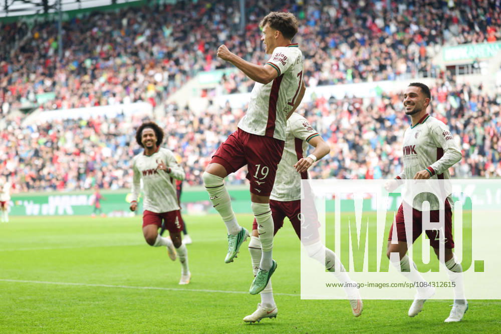 Celebration of the 1-0 goal by Robin Fellhauer (FC Augsburg, 19) with Arijon Ibrahimovic (FC Augsburg, 21) and Rodrigo Ribeiro (FC Augsburg, 09, GER, FC Augsburg vs. FC Bayern Munich, Soccer, Bundesliga, Matchday 5, 2026–2027 Season, October 10, 2026, DFL and DFB regulations prohibit any use of photographs as image sequences and or quasi-video, GER, FC Augsburg vs. FC Bayern Munich, soccer, Bundesliga, Matchday 5, 2026–2027 season, October 10, 2026, Augsburg