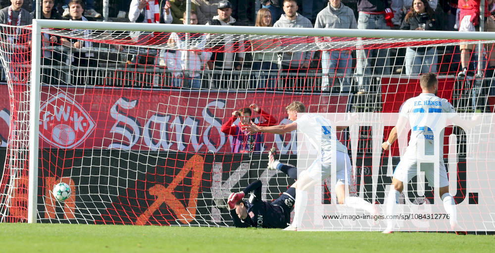 Men s, Soccer, 2026–2027 Season, 3rd Division, Matchday 8: FC Würzburger Kickers vs. FC Hansa Rostock. From left: Marko Rajkovacic (FC Würzburger Kickers), Marco Schuster (FC Hansa Rostock)—not pictured—scores the goal to make it 0–1, Emil Holten (FC Hansa Rostock), David Kopacz (FC Hansa Rostock), Würzburg, AKON ARENA, Bavaria, Germany