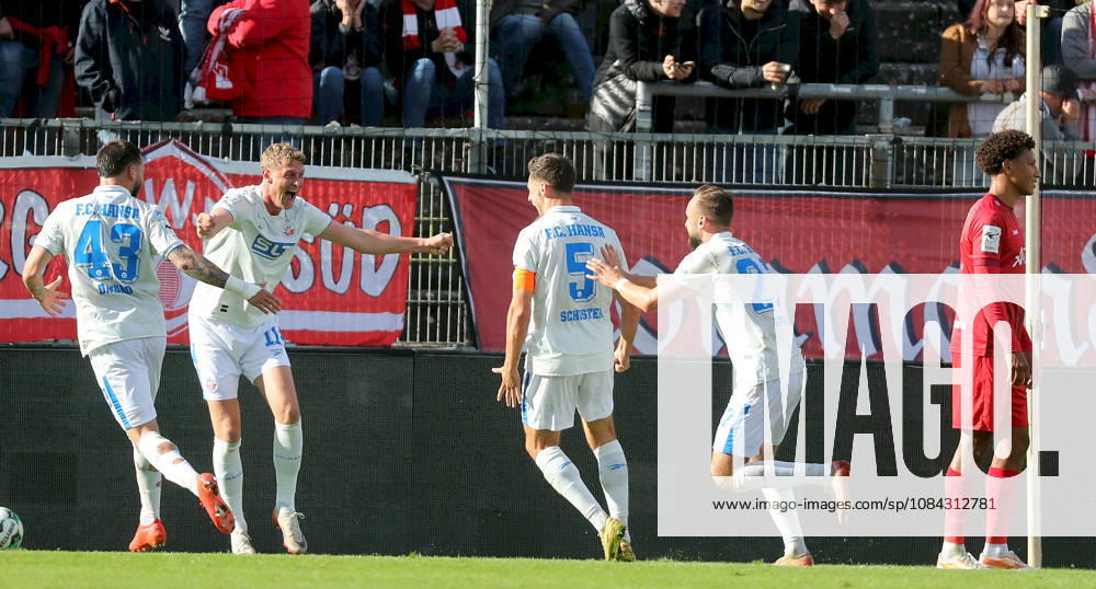 Men s, Soccer, 2026–2027 Season, 3. Liga, Matchday 8: FC Würzburger Kickers vs. FC Hansa Rostock; from left: Leon Dajaku (FC Hansa Rostock), Emil Holten (FC Hansa Rostock), Marco Schuster, FC Hansa Rostock; David Kopacz, FC Hansa Rostock, celebrating the goal; goal celebration; cheering after the goal that made it 0–1 for Würzburg; AKON ARENA, Bavaria, Germany