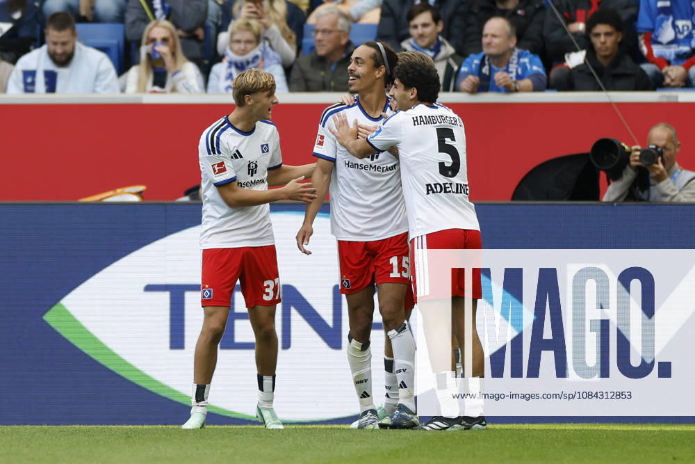 From left to right: Louis Lemke (HSV), goal scorers Yussuf Poulsen (HSV) and Martin Adeline (HSV), Celebrating after the 0–1 goal, cheering, celebrated, cheers, cheering, emotions during the Bundesliga match between TSG 1899 Hoffenheim and Hamburger SV at the PreZero Arena, Sinsheim, Germany, on October 10, 2026, in action during the Bundesliga match between TSG 1899 Hoffenheim and Hamburger SV at the PreZero Arena, Sinsheim, Germany, on October 10, 2026. DFB and DFL regulations prohibit any use of photographs as image sequences and or quasi-video,