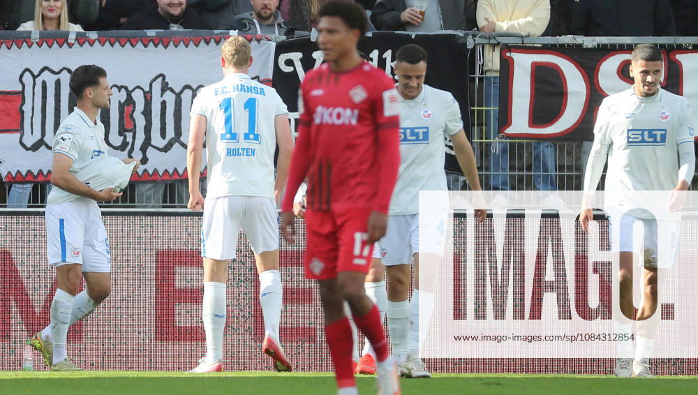Men s, Soccer, 2026–2027 Season, 3rd Division, Matchday 8: FC Würzburger Kickers vs. FC Hansa Rostock; from left: Marco Schuster (FC Hansa Rostock), Emil Holten (FC Hansa Rostock), Liam Omore (FC Würzburger Kickers), Leon Dajaku, FC Hansa Rostock; Ouassim Karada, FC Hansa Rostock, celebrating the goal—0–1—at the Wuerzburg AKON ARENA, Bavaria, Germany