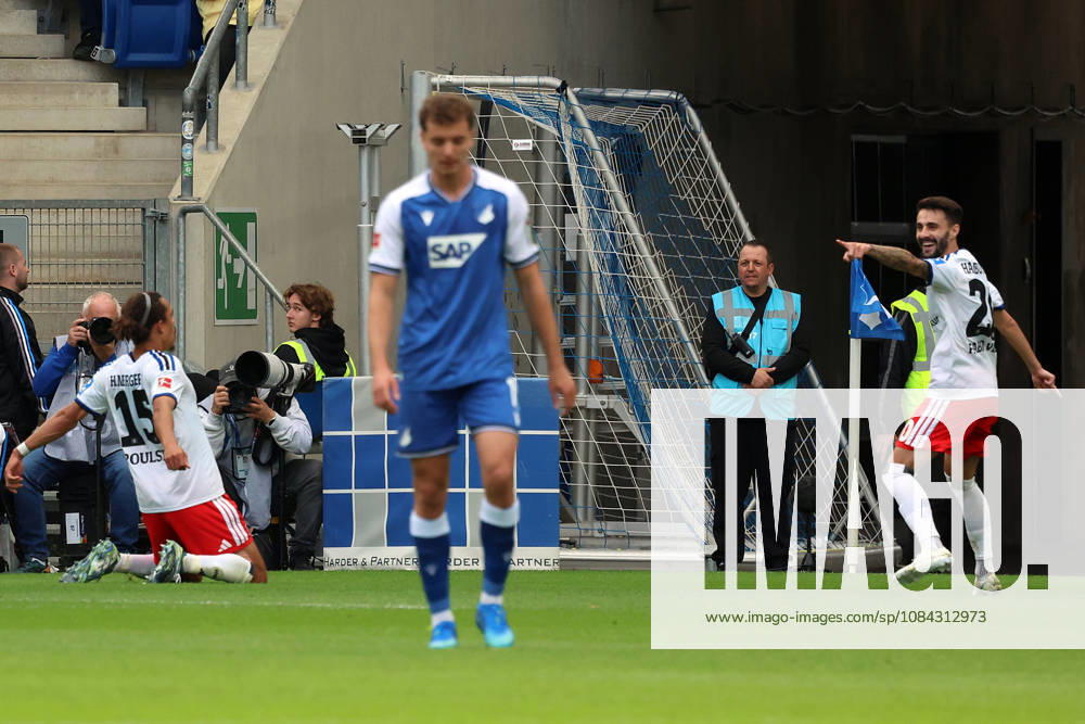 Soccer, Bundesliga 1, TSG 1899 Hoffenheim vs. Hamburger SV: Goal celebration after Yussuf Poulsen’s goal for Hamburger SV (0–1), with Fabio Vieira of Hamburger SV. DFL and DFB regulations prohibit any use of photographs as image sequences and or quasi-videoEO Sinsheim