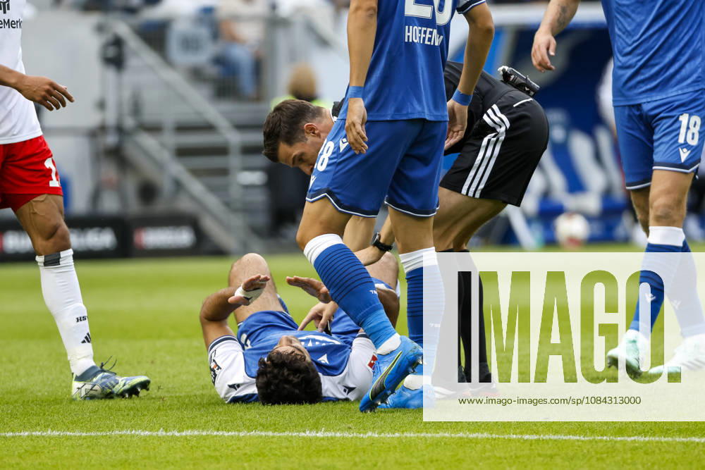 Ozan Kabak of TSG Hoffenheim, No. 05, injured on the ground, Germany, soccer, Bundesliga 1, Matchday 5, 2026–2027, TSG Hoffenheim vs. Hamburger SV, October 10, 2026, Sinsheim SNP Arena, Germany