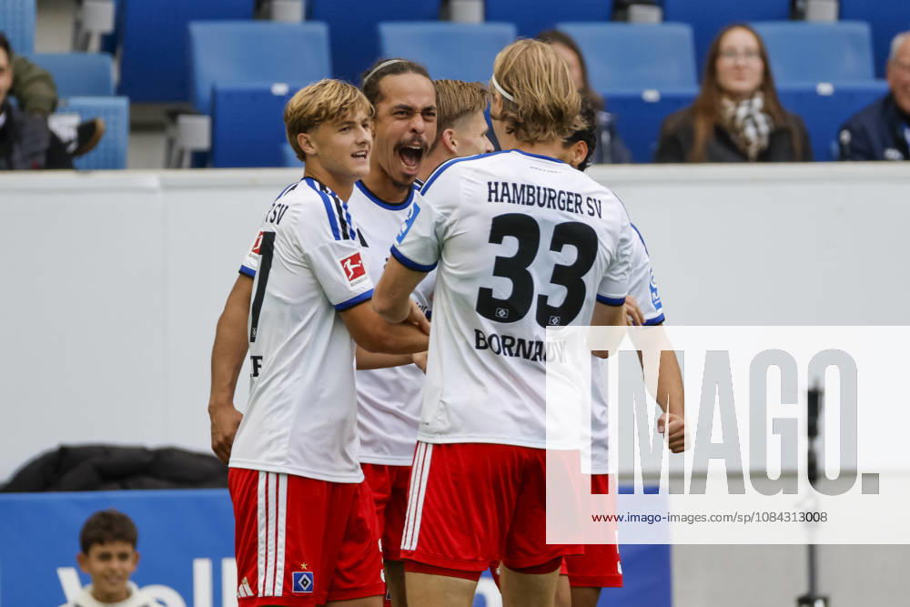 Hamburger SV celebrates Yussuf Poulsen s 0-1 goal; Hamburger SV, 15; joy, excitement, positive emotions, goal, Germany, soccer, Bundesliga 1, Matchday 5, 2026–2027, TSG Hoffenheim vs. Hamburger SV, October 10, 2026, Sinsheim SNP Arena, Germany