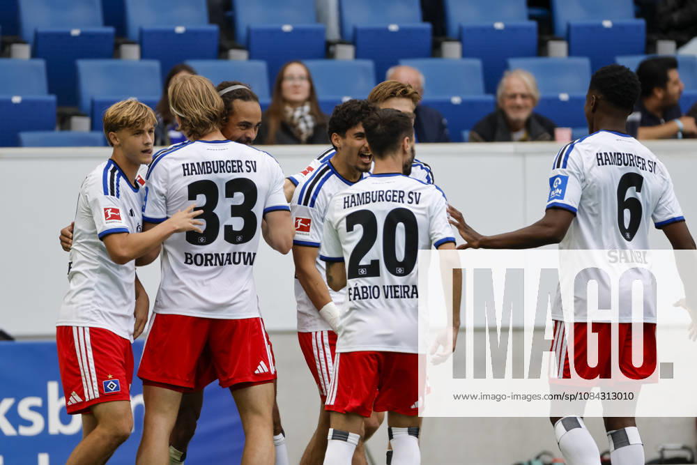 Hamburger SV celebrates Yussuf Poulsen s 0-1 goal; Hamburger SV, 15; joy, excitement, positive emotions, goal, Germany, soccer, Bundesliga 1, Matchday 5, 2026–2027, TSG Hoffenheim vs. Hamburger SV, October 10, 2026, Sinsheim SNP Arena, Germany