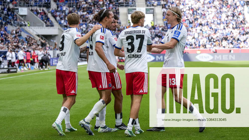 From left: David Möller Wolfe (HSV), 3; goal scorer Yussuf Poulsen (HSV), 15; Martin Adeline (HSV), 5, Louis Lemke (HSV), 37, Sebastiaan Bornauw (HSV), 33, players from Hamburger SV (HSV) celebrating the 0–1 goal, celebration, goal celebration, goal scored, celebrating the goal, goal, celebration, celebrating the goal, joy, happiness, happy, optimistic, positive, game scene, highlight, action, 10 10 2026, Sinsheim, Germany, soccer, Bundesliga, TSG 1899 Hoffenheim vs. Hamburger SV, DFB and DFL regulations prohibit any use of photographs as image sequences and or quasi-video