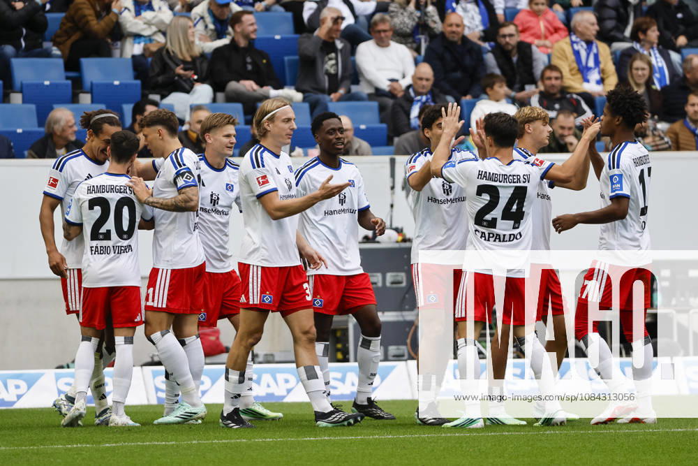 Hamburger SV celebrates Yussuf Poulsen s 0-1 goal; Hamburger SV, 15; joy, excitement, positive emotions, goal, Germany, soccer, Bundesliga 1, Matchday 5, 2026–2027, TSG Hoffenheim vs. Hamburger SV, October 10, 2026, Sinsheim SNP Arena, Germany