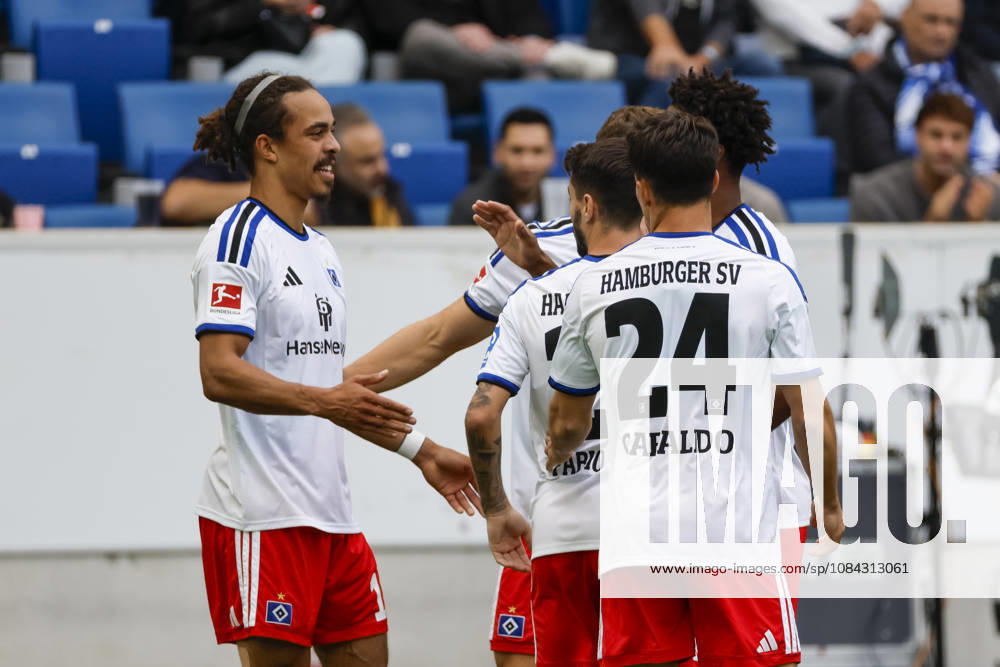 Hamburger SV celebrates Yussuf Poulsen s 0-1 goal; Hamburger SV, 15; joy, excitement, positive emotions, goal, Germany, soccer, Bundesliga 1, Matchday 5, 2026–2027, TSG Hoffenheim vs. Hamburger SV, October 10, 2026, Sinsheim SNP Arena, Germany