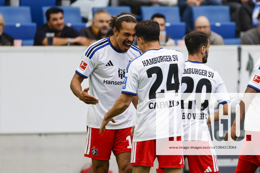 Hamburger SV celebrates Yussuf Poulsen s 0-1 goal; Hamburger SV, 15; joy, excitement, positive emotions, goal, Germany, soccer, Bundesliga 1, Matchday 5, 2026–2027, TSG Hoffenheim vs. Hamburger SV, October 10, 2026, Sinsheim SNP Arena, Germany