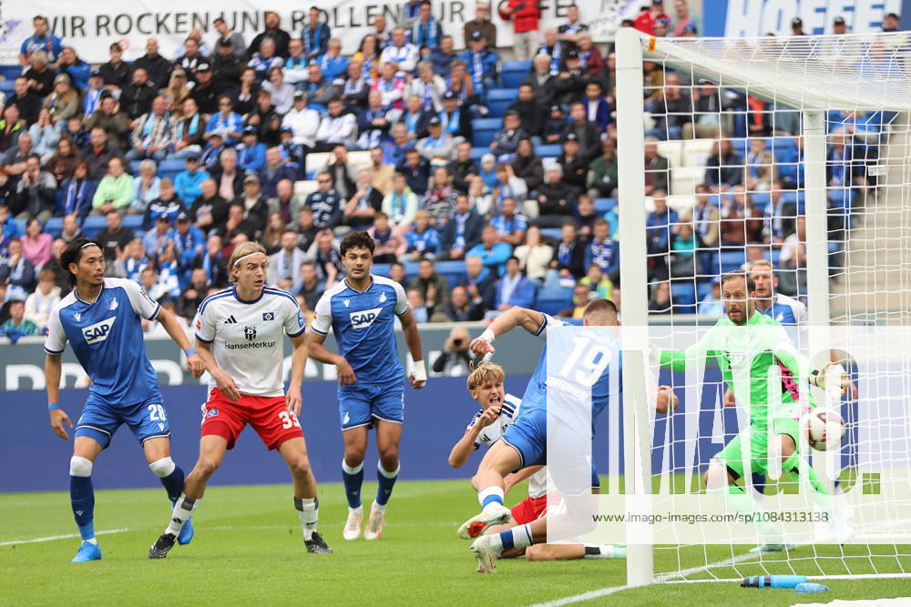 Soccer, Bundesliga 1, TSG 1899 Hoffenheim vs. Hamburger SV Goal scored, goal making it 0–1: Yussuf Poulsen, Hamburger SV. DFL and DFB regulations prohibit any use of photographs as image sequences and or quasi-video. Sinsheim