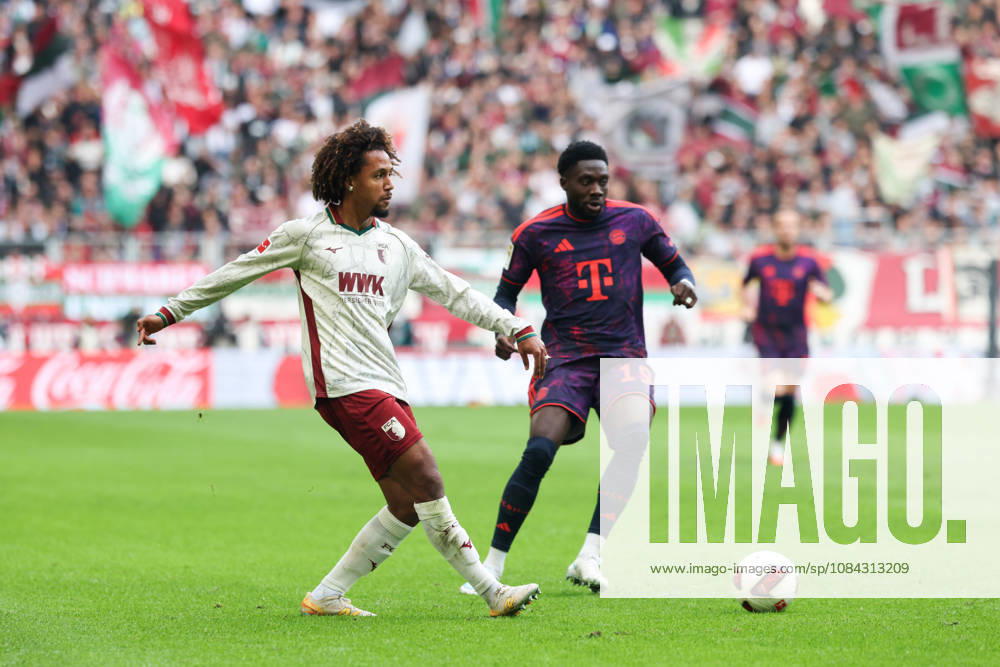 Han Noah Massengo (FC Augsburg), No. 04, with the ball, alongside Alphonso Davies (FC Bayern Munich), No. 19, GER, FC Augsburg vs. FC Bayern Munich, Soccer, Bundesliga, Matchday 5, 2026–2027 Season, October 10, 2026, DFL and DFB regulations prohibit any use of photographs as image sequences and or quasi-video, GER, FC Augsburg vs. FC Bayern Munich, soccer, Bundesliga, Matchday 5, 2026–2027 season, October 10, 2026, Augsburg