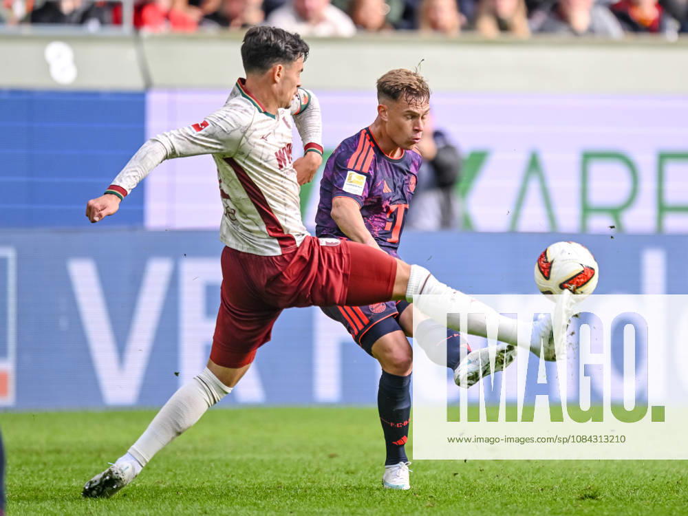 Fabian Rieder of FC Augsburg and Joshua Kimmich of FC Bayern Munich in a tackle during the Bundesliga 1 match between FC Augsburg and FC Bayern Munich, WWK Arena on October 10, 2026, in Augsburg, Germany. Photo by Harry Langer, DeFodi Images. Fabian Rieder of FC Augsburg and Joshua Kimmich of FC Bayern Munich battle for the ball during the Bundesliga match between FC Augsburg and FC Bayern Munich at WWK Arena on October 10, 2026 in Augsburg, Germany. Photo by Harry Langer, DeFodi Images. DFB and DFL regulations prohibit any use of photographs as image sequences and or quasi-video. Photo by Harry Langer, DeFodi Images. DFB and DFL regulations prohibit any use of photographs as imSEQUENCES AND OR QUASI-VIDEO