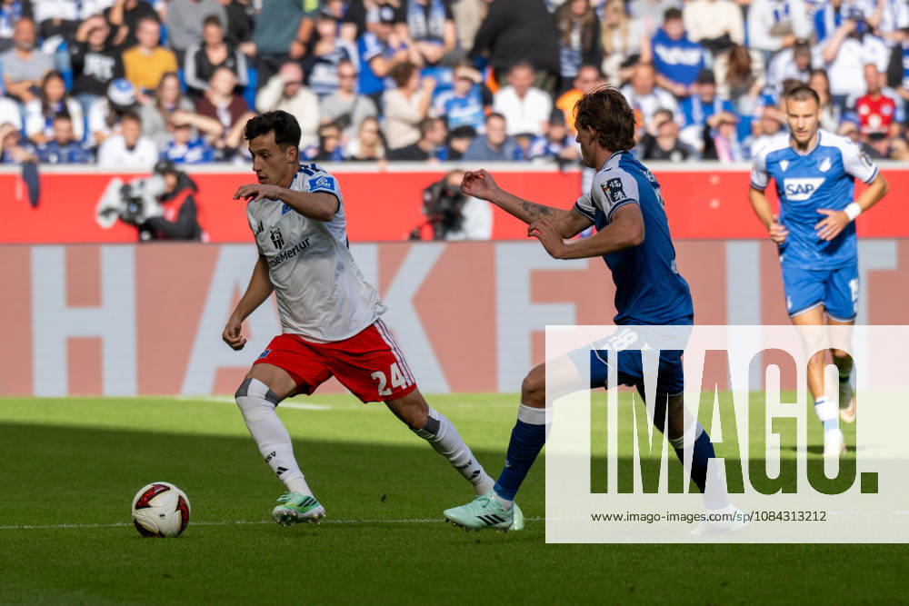 Nicolas Capaldo, Hamburger SV, and Koki Machida, TSG 1899 Hoffenheim, Germany, Sinsheim, October 10, 2026, Soccer, Bundesliga: TSG 1899 Hoffenheim vs. Hamburger SV, 2026–2027 season, Matchday 5, SNP Arena. DFL and DFB regulations prohibit any use of photographs as image sequences and or quasi-video.