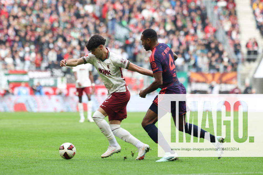 Rodrigo Ribeiro (FC Augsburg, No. 09) with Jonathan Tah (FC Bayern Munich, No. 04), GER, FC Augsburg vs. FC Bayern Munich, Soccer, Bundesliga, Matchday 5, 2026–2027 Season, October 10, 2026, DFL and DFB regulations prohibit any use of photographs as image sequences and or quasi-video, GER, FC Augsburg vs. FC Bayern Munich, soccer, Bundesliga, Matchday 5, 2026–2027 season, October 10, 2026, Augsburg