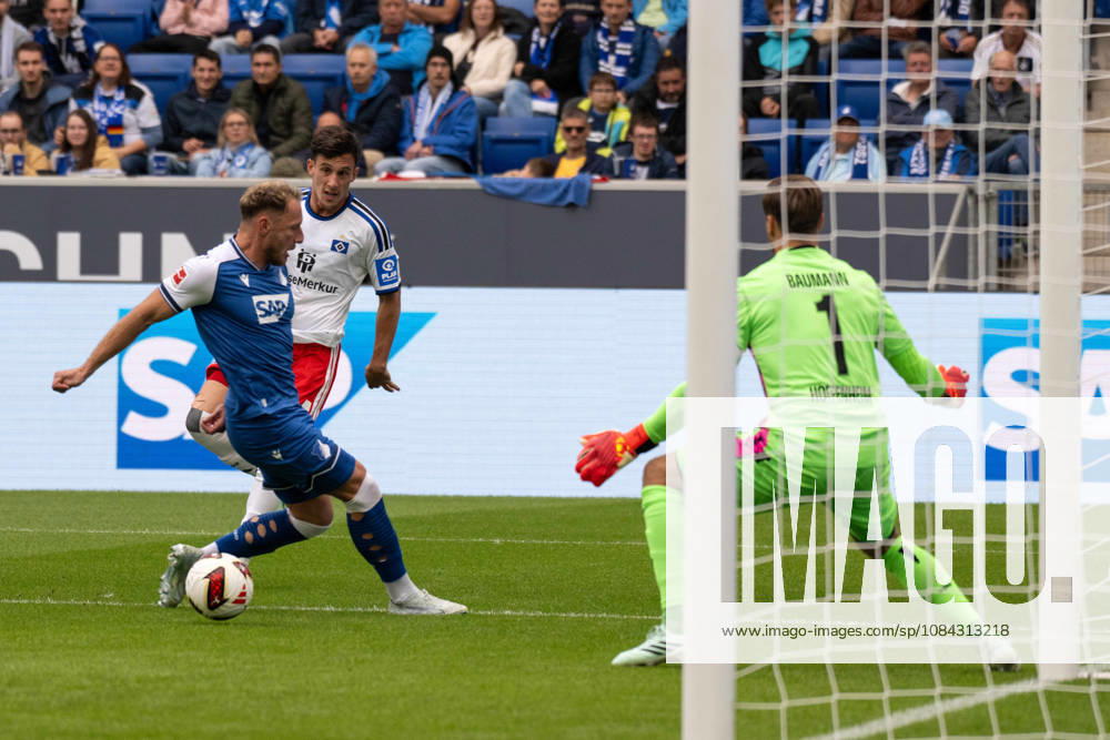 Vladimir Coufal (TSG 1899 Hoffenheim), Nicolas Capaldo (Hamburger SV), and goalkeeper Oliver Baumann (TSG 1899 Hoffenheim), Germany, Sinsheim, October 10, 2026, Soccer, Bundesliga: TSG 1899 Hoffenheim vs. Hamburger SV, 2026–2027 season, Matchday 5, SNP Arena. DFL and DFB regulations prohibit any use of photographs as image sequences and or quasi-video.