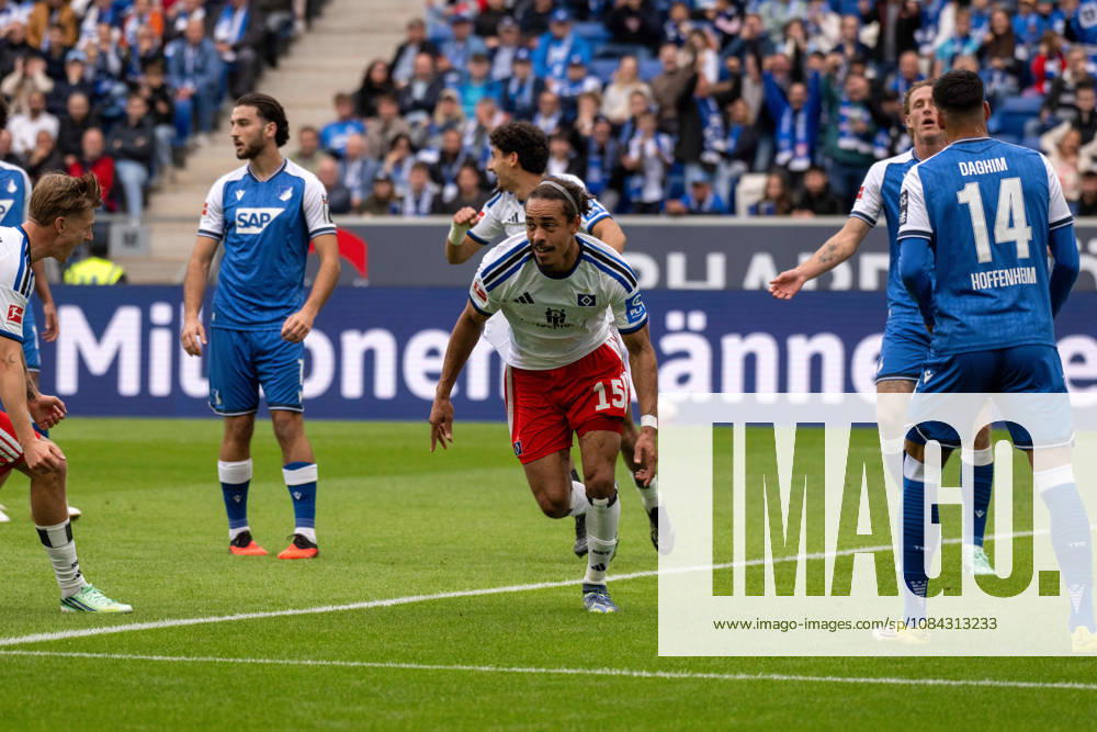 Goal celebration by goal scorer Yussuf Poulsen, Hamburger SV Germany, Sinsheim, October 10, 2026, Soccer, Bundesliga: TSG 1899 Hoffenheim vs. Hamburger SV, 2026–2027 season, Matchday 5, SNP Arena. DFL and DFB regulations prohibit any use of photographs as image sequences and or quasi-video.
