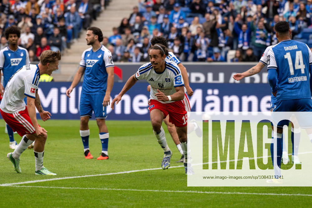 Goal scorer Yussuf Poulsen of Hamburger SV turns away in celebration Germany, Sinsheim, October 10, 2026, Soccer, Bundesliga: TSG 1899 Hoffenheim vs. Hamburger SV, 2026–2027 season, Matchday 5, SNP Arena. DFL and DFB regulations prohibit any use of photographs as image sequences and or quasi-video.
