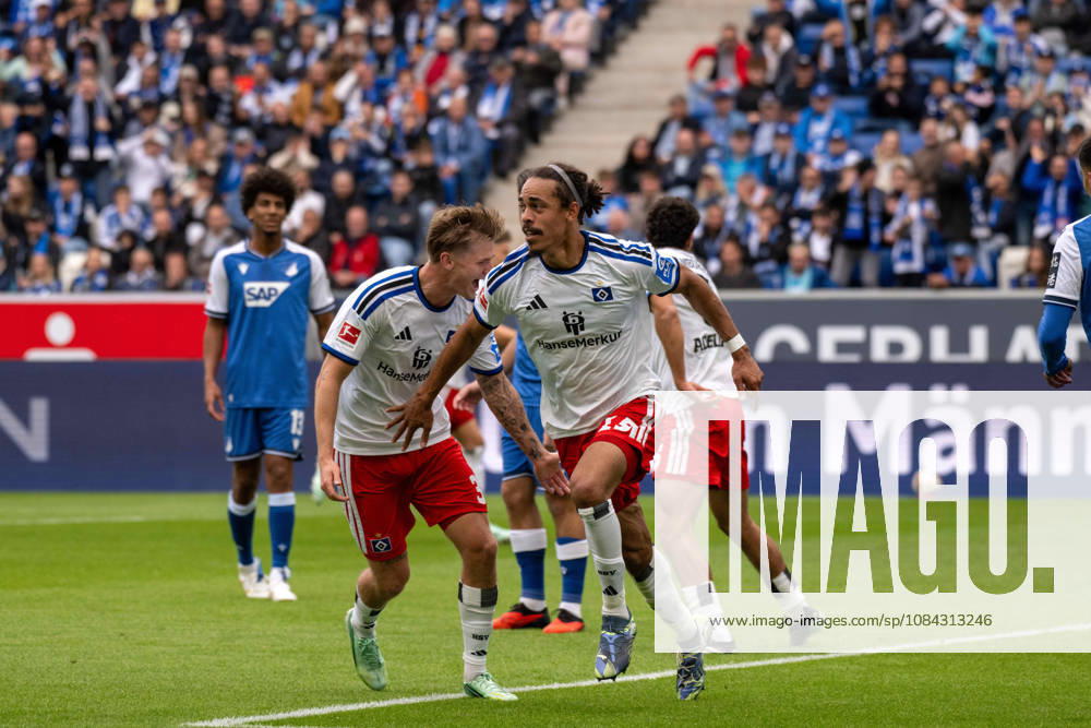 Goal celebration by goal scorer Yussuf Poulsen, Hamburger SV Germany, Sinsheim, October 10, 2026, Soccer, Bundesliga: TSG 1899 Hoffenheim vs. Hamburger SV, 2026–2027 season, Matchday 5, SNP Arena. DFL and DFB regulations prohibit any use of photographs as image sequences and or quasi-video.