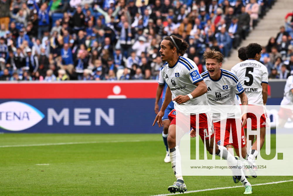 Goal celebration by goal scorer Yussuf Poulsen, Hamburger SV Germany, Sinsheim, October 10, 2026, Soccer, Bundesliga: TSG 1899 Hoffenheim vs. Hamburger SV, 2026–2027 season, Matchday 5, SNP Arena. DFL and DFB regulations prohibit any use of photographs as image sequences and or quasi-video.
